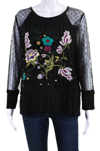 Desigual Womens Pleated Floral Embroidered Sequin Blouse Black Size XXL