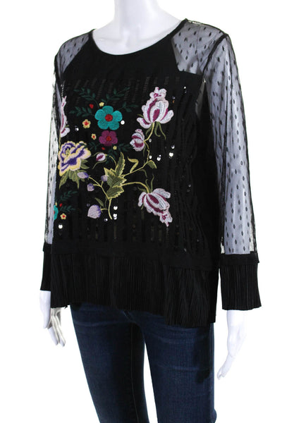 Desigual Womens Pleated Floral Embroidered Sequin Blouse Black Size XXL