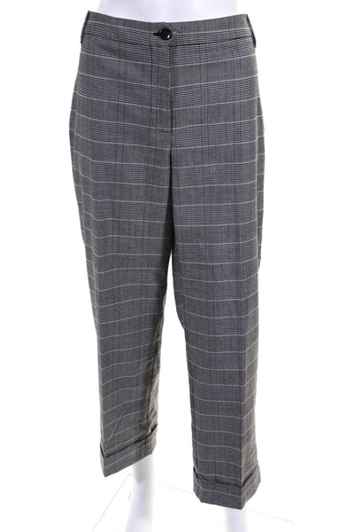 Marella Womens Flat Front Straight Leg Cuffed Plaid Trousers Gray Size 12