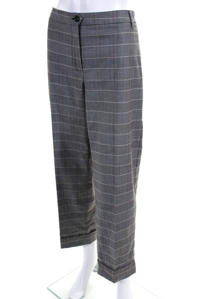 Marella Womens Flat Front Straight Leg Cuffed Plaid Trousers Gray Size 12