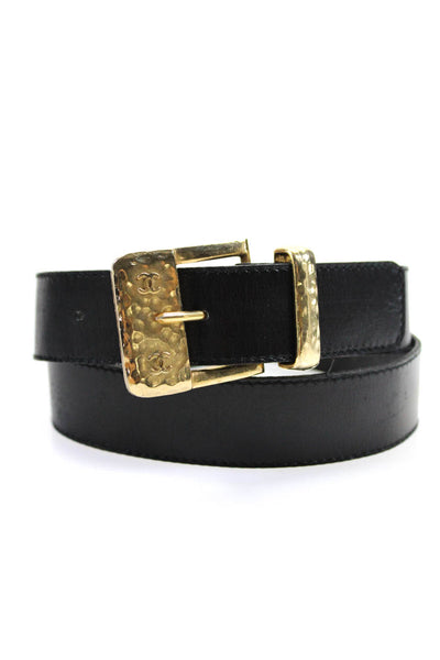 Chanel Womens Leather Gold Tone Bar Pin Buckle Belt Black Size 30