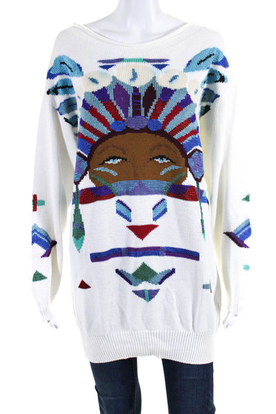 Krizia Womens Graphic Intarsia Crew Neck Tunic Sweater White Blue Size IT 38