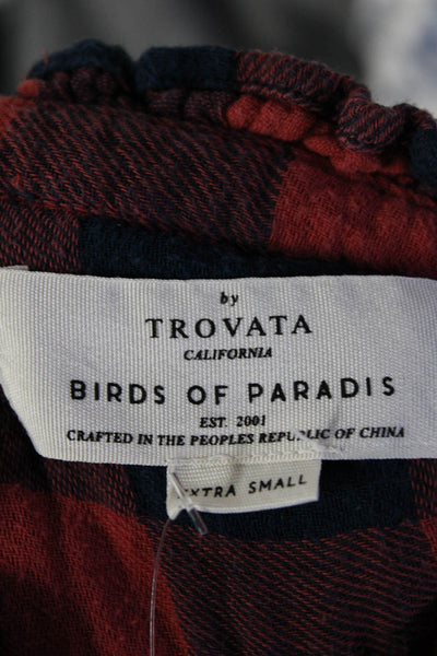 Birds of Paradis Womens Button Front Gingham Shirt Navy Dark Orange Size XS