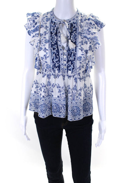 Sea New York Womens Ruffled Cap Sleeve Keyhole Floral Top White Blue Size 2