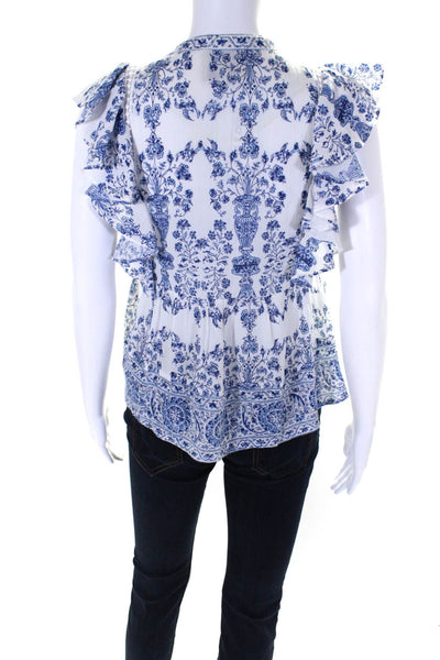 Sea New York Womens Ruffled Cap Sleeve Keyhole Floral Top White Blue Size 2