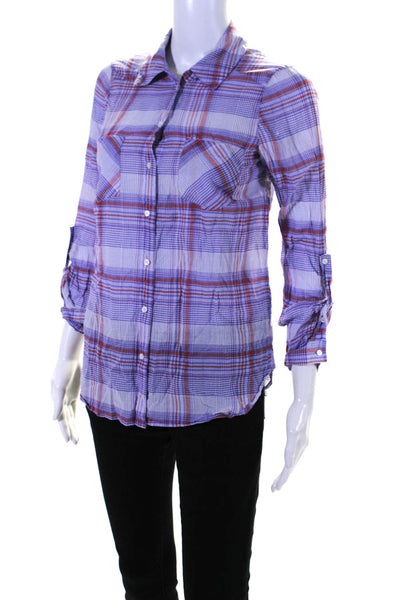 Joie Womens Cotton Long Sleeve Plaid Button Down Shirt Purple Red Size XS