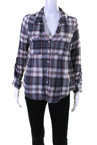 Joie Womens Cotton Long Sleeve Plaid Button Down Shirt Blue Red Size XS