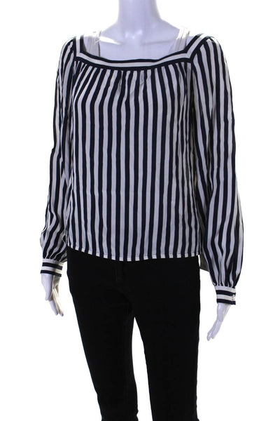 Akris Womens Silk Striped Long Sleeves Square Neck Blouse White Navy Blue Size 8