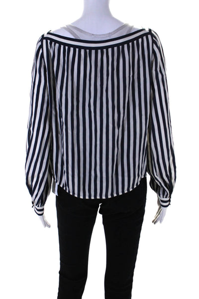 Akris Womens Silk Striped Long Sleeves Square Neck Blouse White Navy Blue Size 8