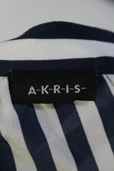 Akris Womens Silk Striped Long Sleeves Square Neck Blouse White Navy Blue Size 8