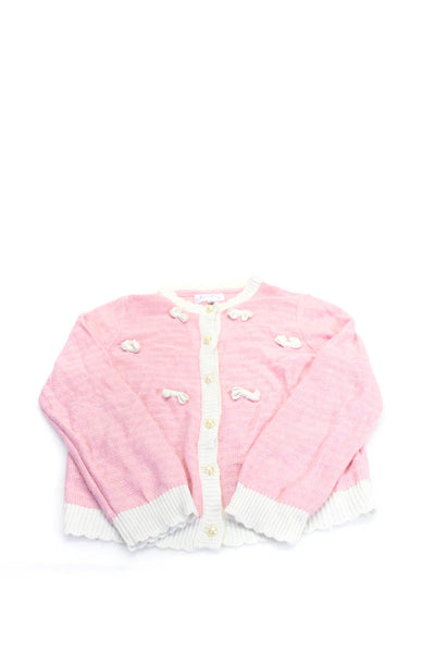 Rachel Riley Childrens Girls Bow Detail Cardigan Sweater Pink White Wool Size 8