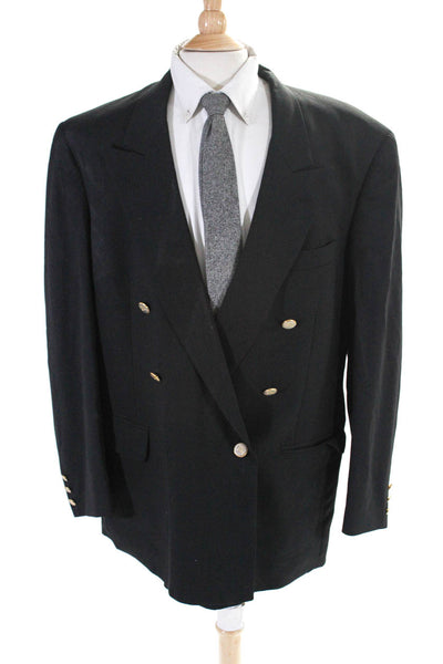 Burberrys Mens Solid Black Wool Double Breasted Long Sleeve Blazer Size 42