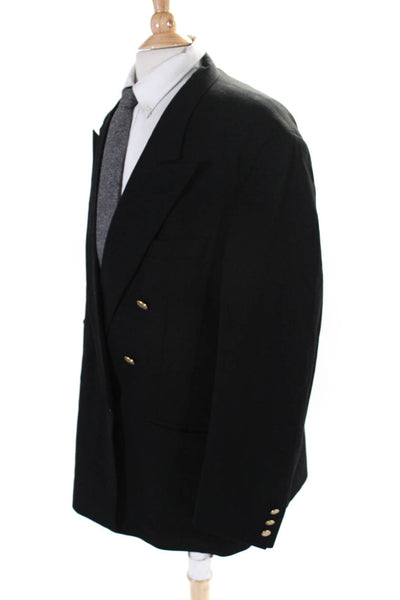 Burberrys Mens Solid Black Wool Double Breasted Long Sleeve Blazer Size 42