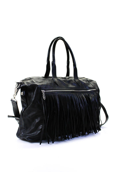 Saint Laurent Womens Leather Fringe Silver Tone Messenger Shoulder Handbag Black