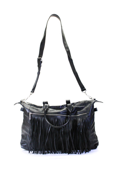 Saint Laurent Womens Leather Fringe Silver Tone Messenger Shoulder Handbag Black