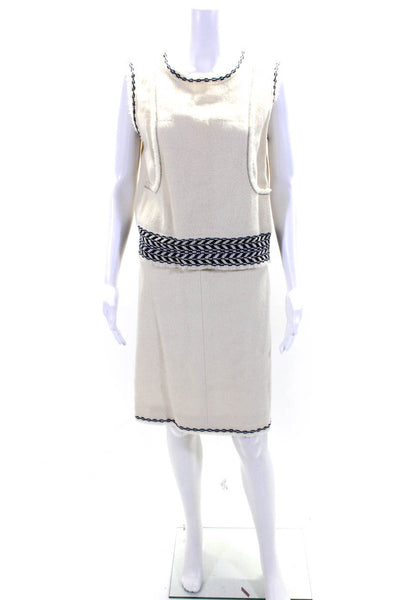 Chanel 04A Womens Sleeveless Tank Top Skirt Suit White Navy Blue Wool Size EUR 4