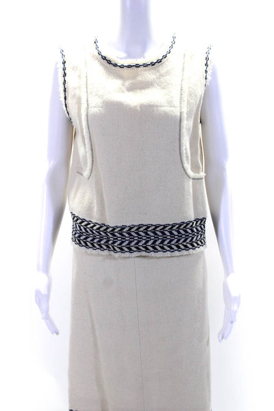 Chanel 04A Womens Sleeveless Tank Top Skirt Suit White Navy Blue Wool Size EUR 4