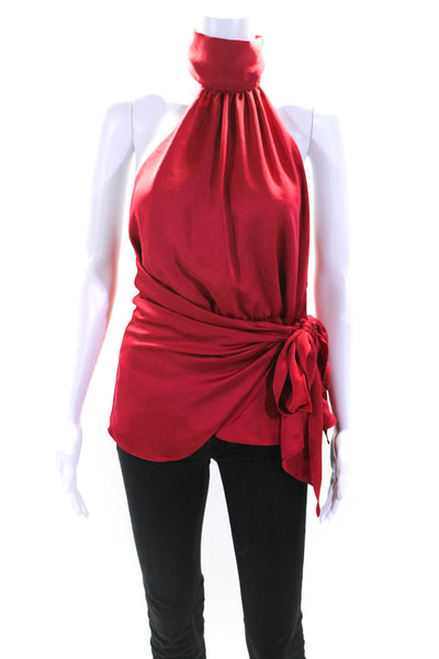 Ramy Brook Womens Satin Sleeveless Tie Waist Halter Blouse Ruby Red Size 4