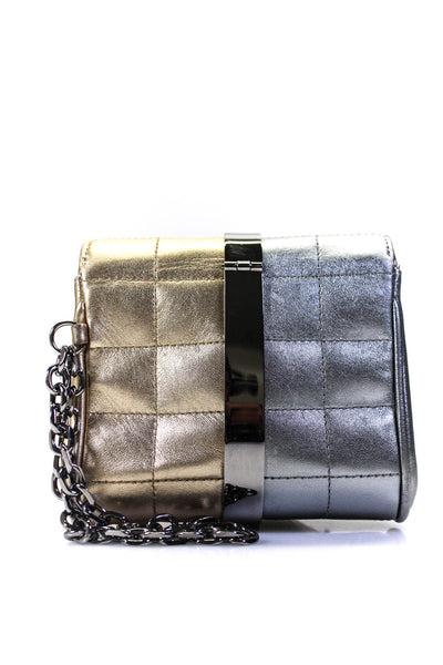 Chanel Womens Metallic Two Toned Quilted CC Wristlet Handbag Gold Silver Leather