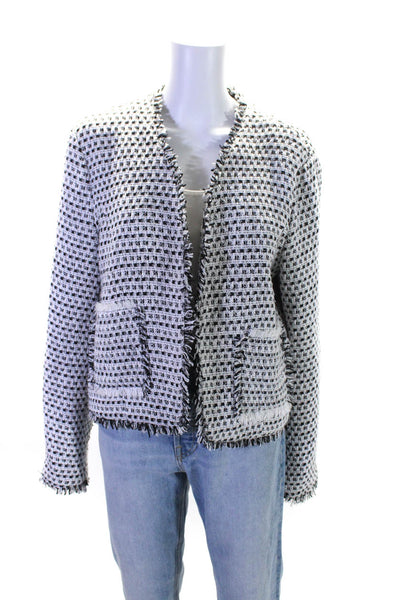 Bagatelle Womens Open Front Fringe Tweed Jacket Black White Size Large