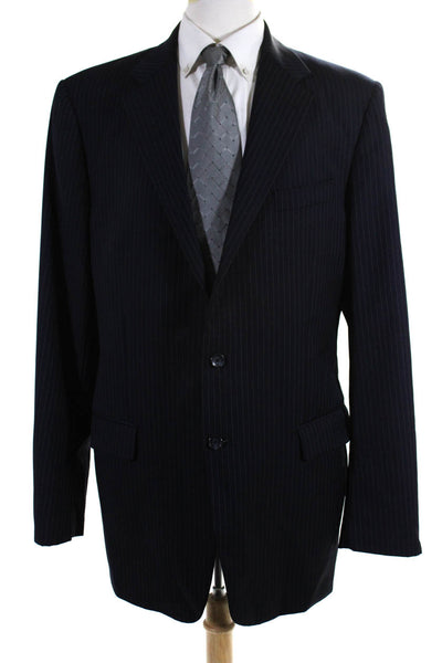 Hickey Freeman Mens Navy Wool Striped Two Button Long Sleeve Blazer Size 44XL