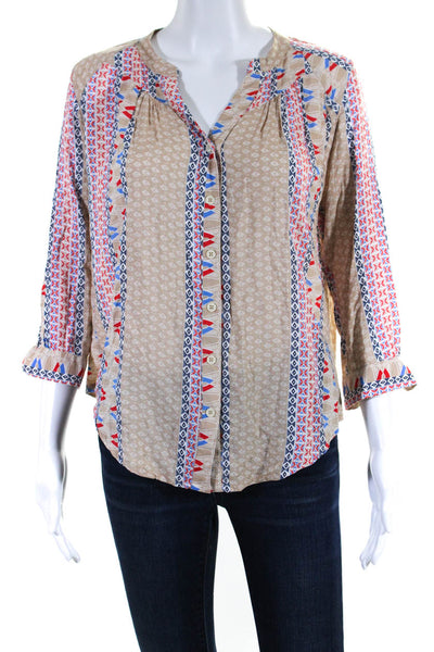 Maeve Anthropologie Womens Long Sleeve Geometric Print Blouse Beige Size XS