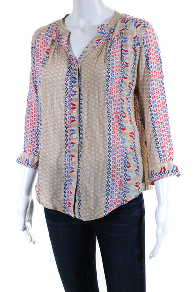 Maeve Anthropologie Womens Long Sleeve Geometric Print Blouse Beige Size XS