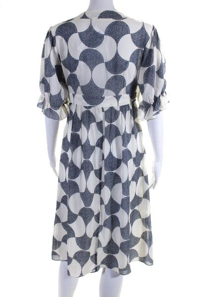 Trina Turk Womens Silk V Neck Short Sleeve Beaded Midi Dress White Blue Size 2