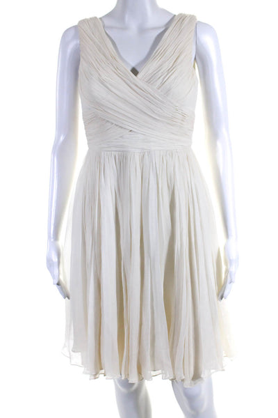 Marchesa Notte Womens Silk Pleated V Neck Sleeveless A Line Dress Cream Size 4