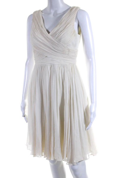 Marchesa Notte Womens Silk Pleated V Neck Sleeveless A Line Dress Cream Size 4