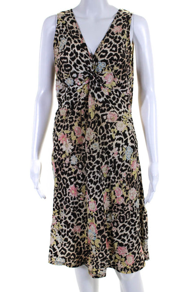 Gerard Darel Womens Floral Leopard Print V Neck Slip Dress Brown Size 40