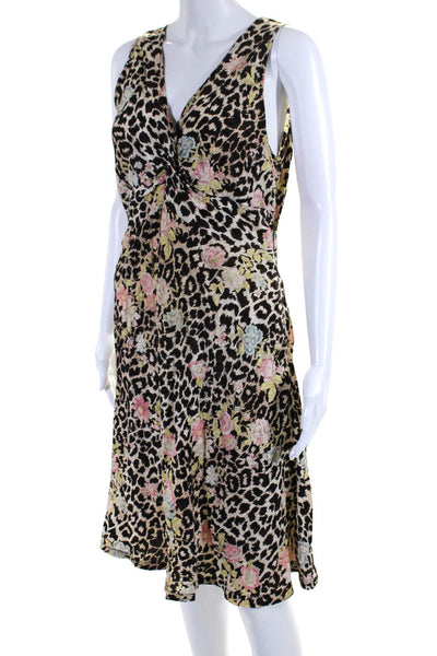 Gerard Darel Womens Floral Leopard Print V Neck Slip Dress Brown Size 40