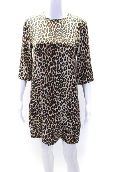 Equipment Femme Womens Brown Silk Leopard Print 3/4 Sleeve Shirt Dress Size XS