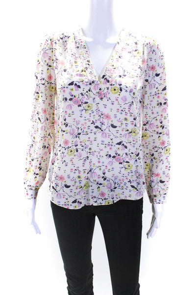 Rebecca Taylor Womens Beige Silk Floral V-Neck Long Sleeve Blouse Top Size 0