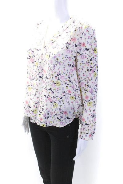 Rebecca Taylor Womens Beige Silk Floral V-Neck Long Sleeve Blouse Top Size 0