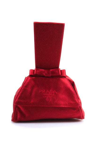 Prada Womens Silk Satin Logo Flap Clutch Pouch Handbag Red