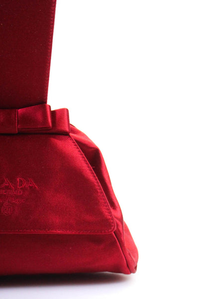 Prada Womens Silk Satin Logo Flap Clutch Pouch Handbag Red