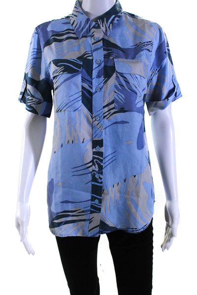 Equipment Femme Womens Blue Printed Collar Short Sleeve Button Down Shirt Size S