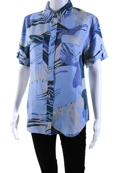 Equipment Femme Womens Blue Printed Collar Short Sleeve Button Down Shirt Size S