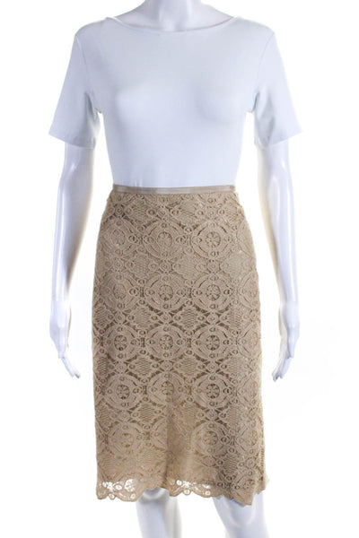 Magaschoni Women's Hook Closure Lace Trim A-Line Lined Midi Skirt Beige Size 6