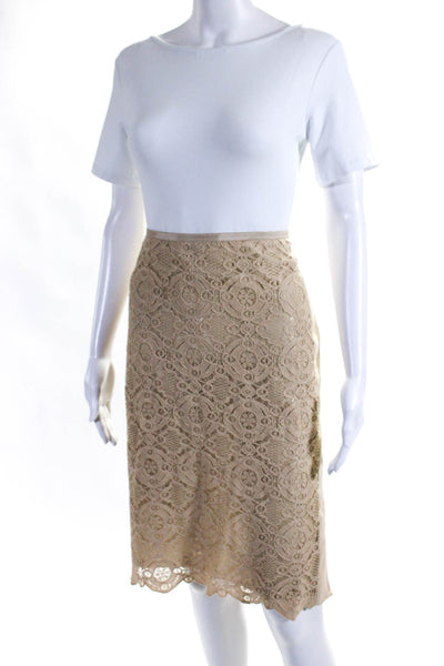 Magaschoni Women's Hook Closure Lace Trim A-Line Lined Midi Skirt Beige Size 6