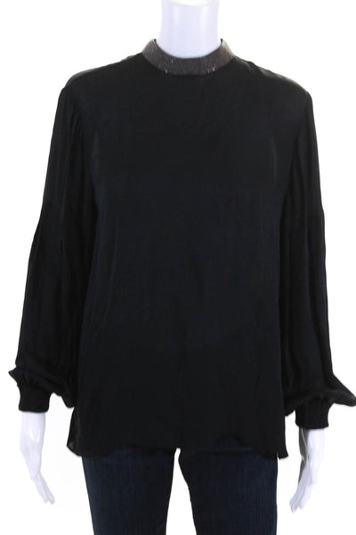 Go Silk Womens Beaded High Neck Long Sleeve Top Blouse Black Silk Size Medium