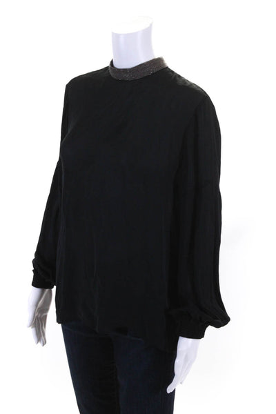 Go Silk Womens Beaded High Neck Long Sleeve Top Blouse Black Silk Size Medium