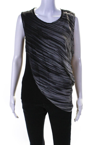 T Tahari Womens Sleeveless Scoop Neck Striped Draped Top Gray Black Size Small