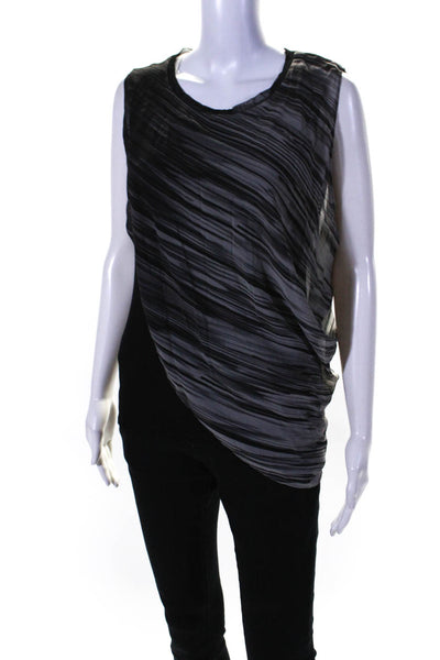 T Tahari Womens Sleeveless Scoop Neck Striped Draped Top Gray Black Size Small