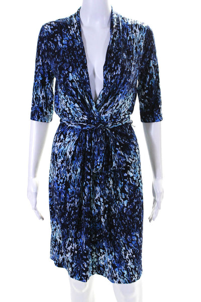 T Tahari Womens 3/4 Sleeve V Neck Belted Printed Knit Dress Blue Size 6