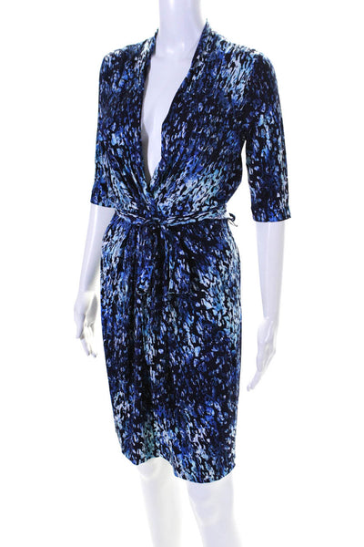 T Tahari Womens 3/4 Sleeve V Neck Belted Printed Knit Dress Blue Size 6