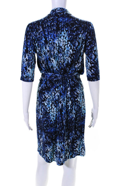 T Tahari Womens 3/4 Sleeve V Neck Belted Printed Knit Dress Blue Size 6