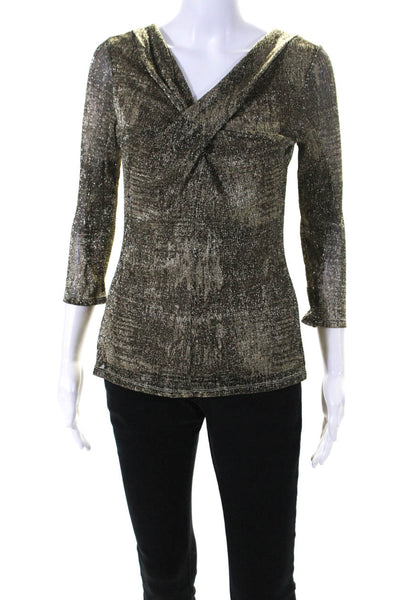 T Tahari Womens 3/4 Sleeve V Neck Metallic Knit Top Gold Tone Size Small