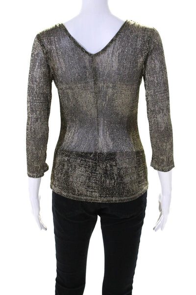 T Tahari Womens 3/4 Sleeve V Neck Metallic Knit Top Gold Tone Size Small